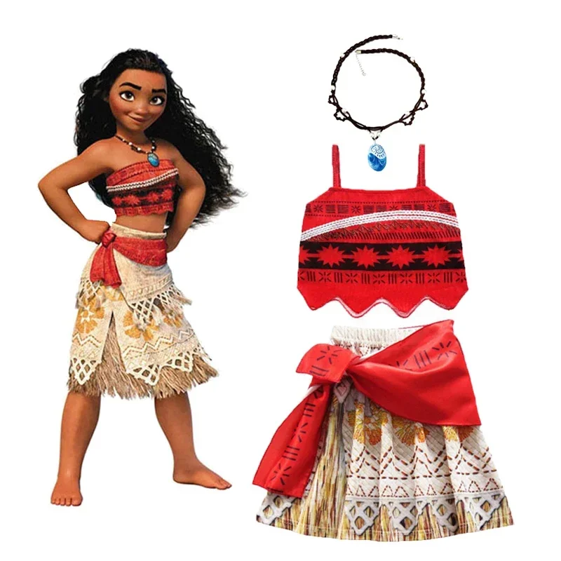 Little Girls Moana Dress Kids Cosplay Girls Princess Vaiana Dress Children Birthday Party Costume With Necklace Sets