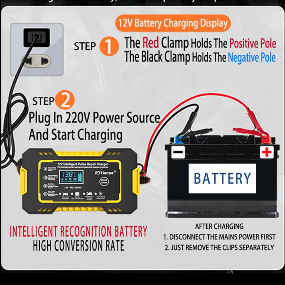 Cargador de batería de coche totalmente automático, pantalla táctil de 12V, 6A, reparación de pulso, LCD, carga rápida de energía, pantalla LCD Digital de plomo ácido húmedo