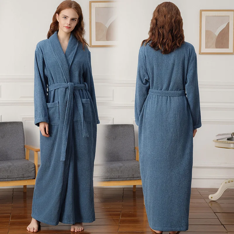 100% Cotton Toweling Terry Extra long Extra thick Robe blue Bath Robe Women Nightrobe Sleepwear Casual Home Bathrobe халат