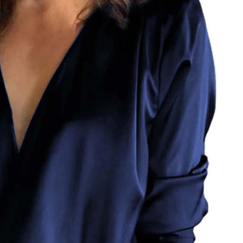 Casual Solid Color Women Blouse Shirt Elegant Satin V Neck Loose Long Sleeve Solid Color V-Neck Pullover Top Office Lady Clothes