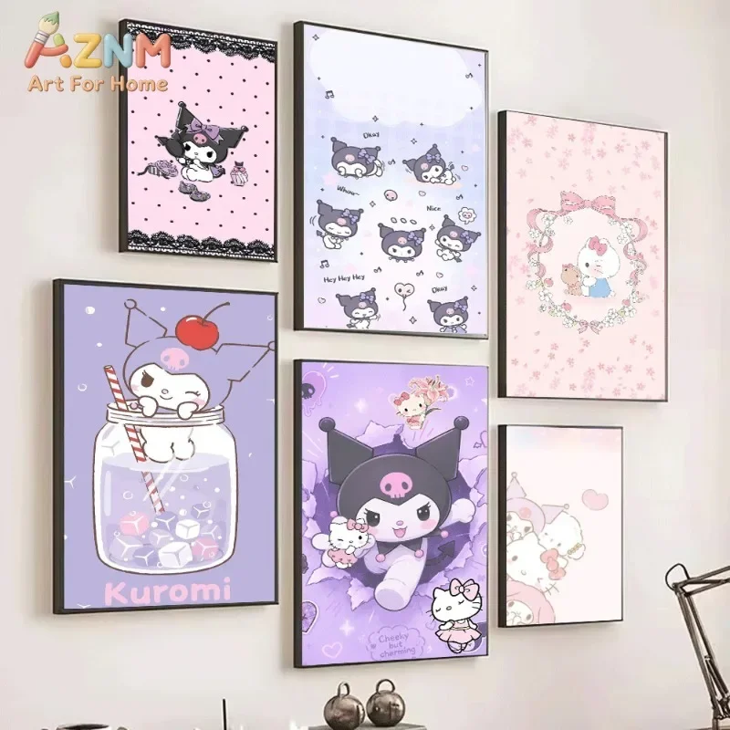 Sanrio Kuromi Pink Polka Dot Lace Canvas Wall Art No Frame Cute Cartoon Devil Character Perfume Shoe Girly Teen Bedroom Wall