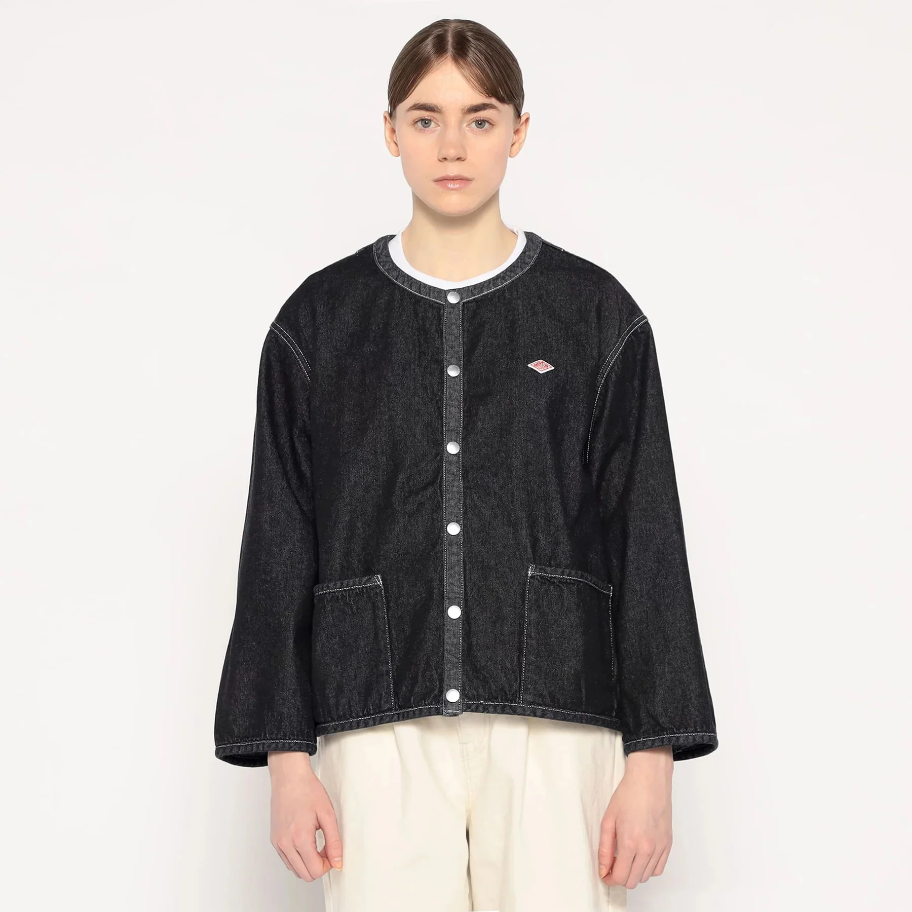 Waed Cotton round Ne Denim ort Jaet Top BOY Collab Vintage Sle Women's Straight Cut Long Sve ort Length Button...