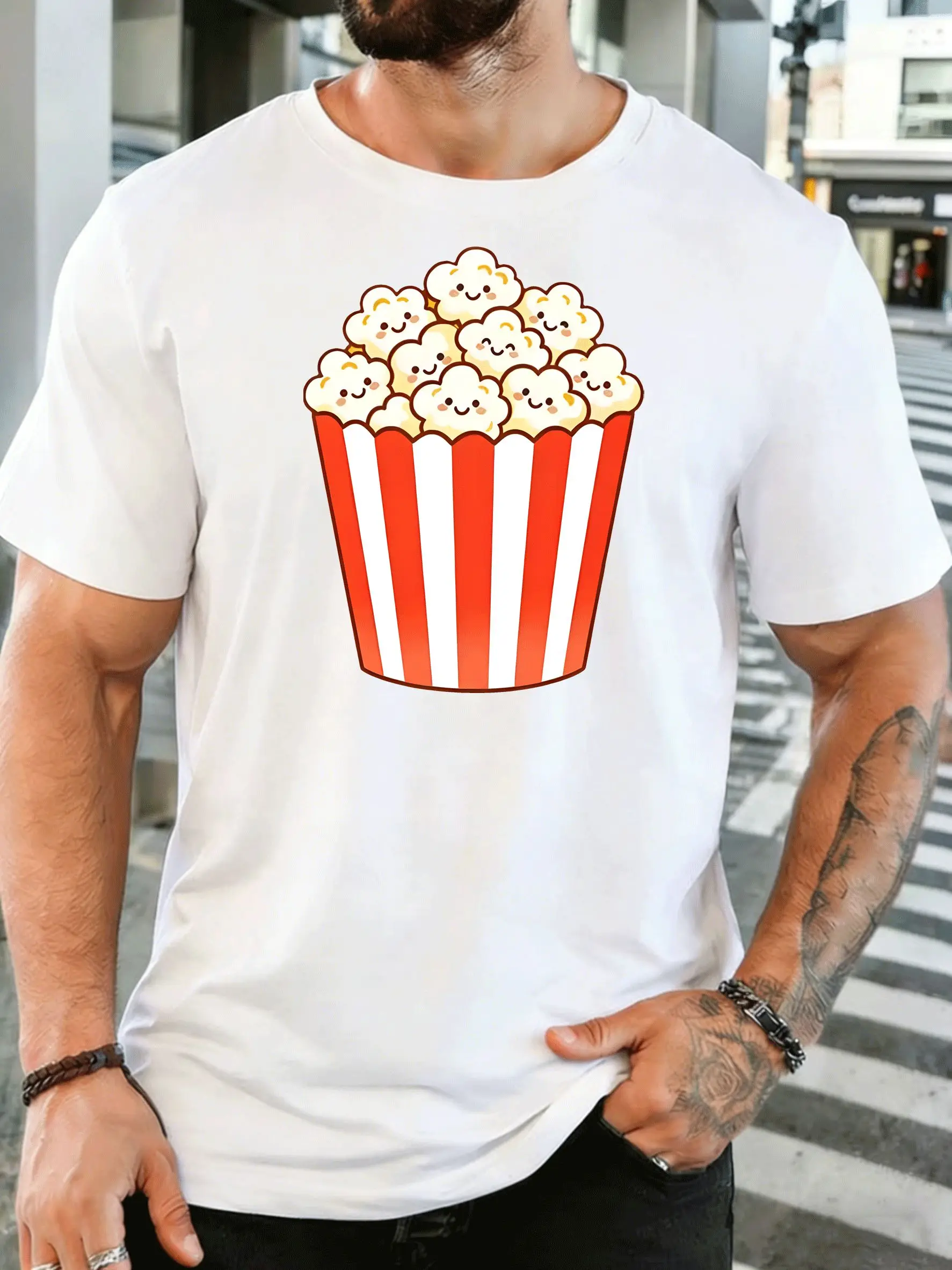 Men Smiling Popcorn Bucket Cartoon Print T Shirt Short Sleeve Crew Neck Cute Snack Tees Casual Loose Fit Tops For Male Outfit