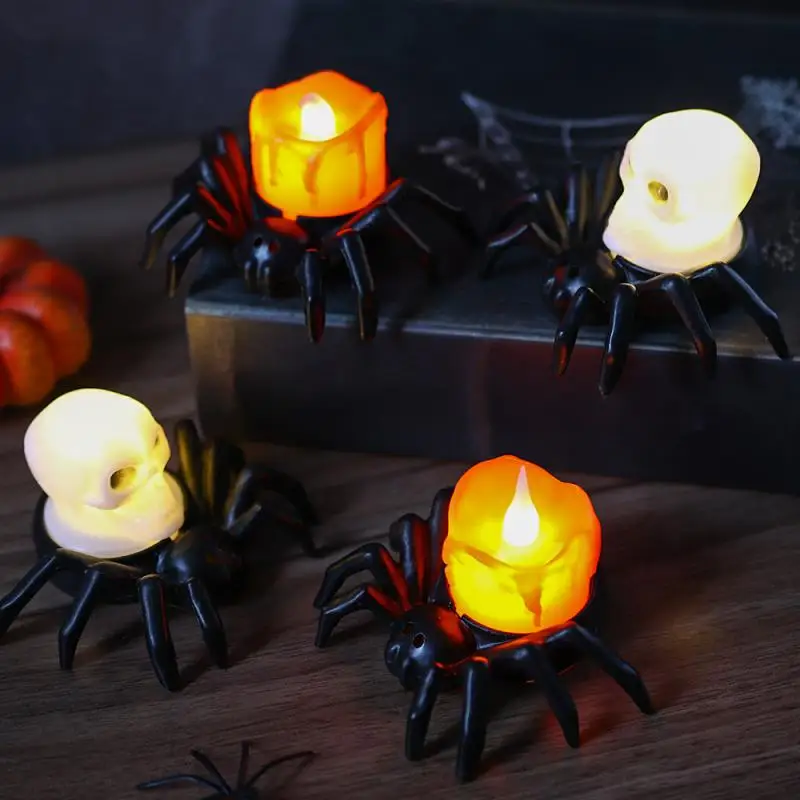 Luz de decoración de araña de Halloween, lámpara de vela electrónica LED, luz de noche de araña, suministros de decoración de fiesta de Halloween, accesorios de terror