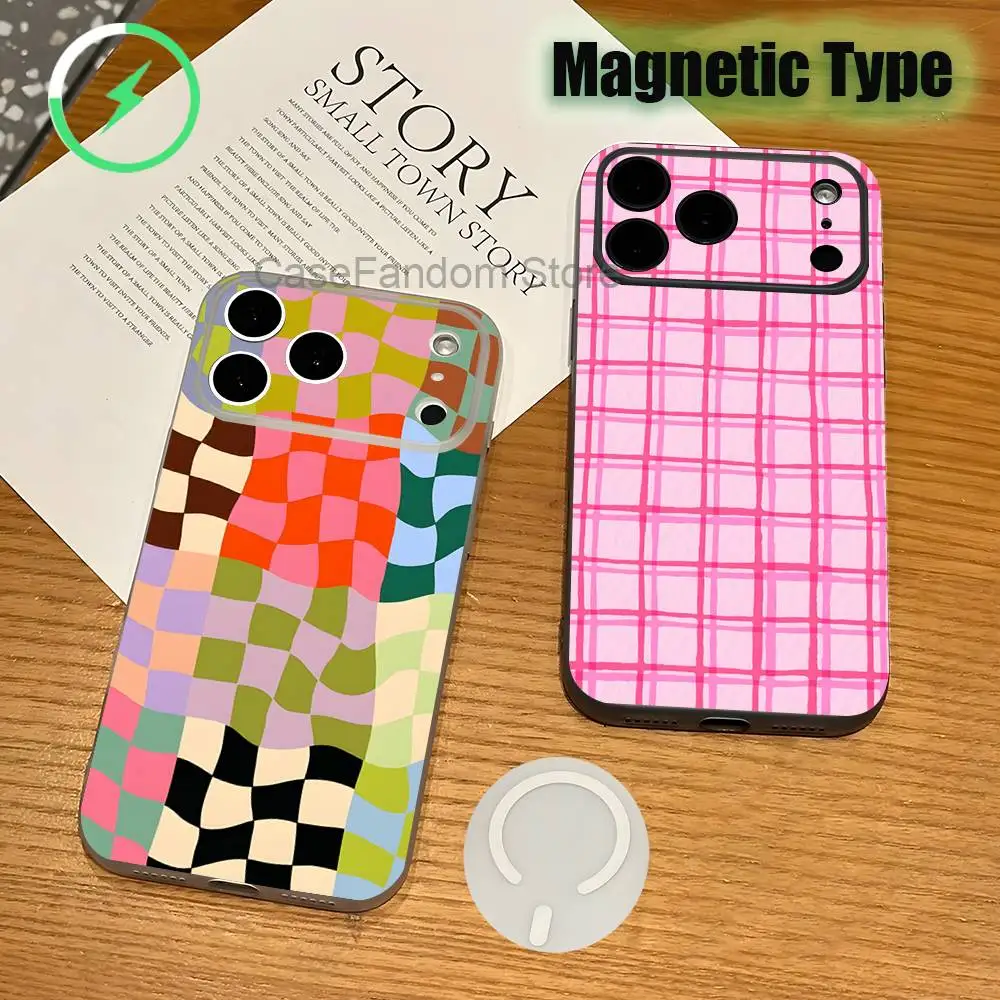 Colorful Grid Pattern Transparent White Phone Case For iPhone 17,16,15,14,13,12,11,Pro,Max,Plus Magnetic Wireless Charging