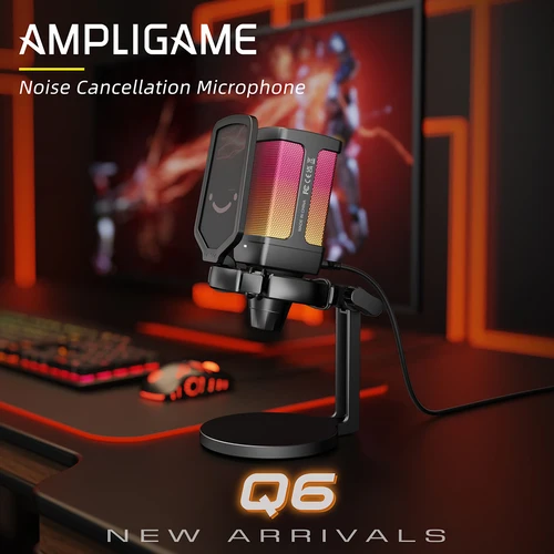 Imagen 2 del producto AmpliGame Micrófono USB para juegos con cancelación de ruido, micrófono RGB con silencio rápido, perilla de ganancia para transmisión, PC, computadora portátil, PS4/5, Mobile-Q6