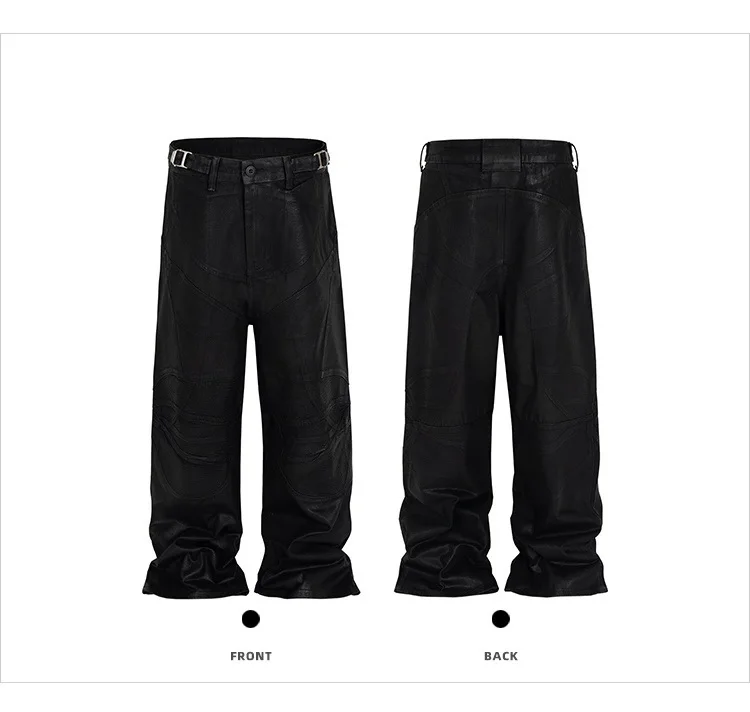 

2025 Vintage Coated Wax Black Wide Leg Baggy Cargo Pants Men's Streetwear Cleanfit Casual Overalls Oversized Trousers
