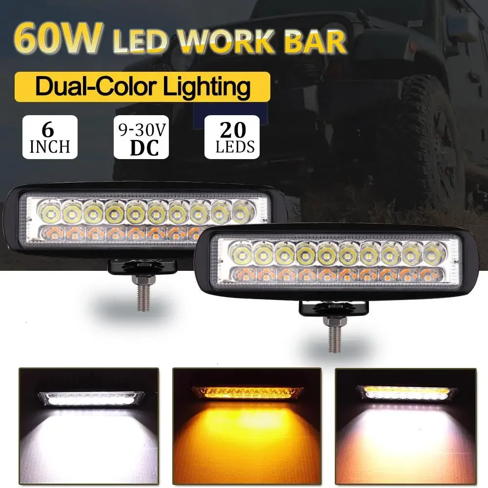 6 inch 60W Double Color Amber White Led Work Light Bar Yellow Driving Work Headlight Floodlight Spot Fog Golden Lamp Car Styling