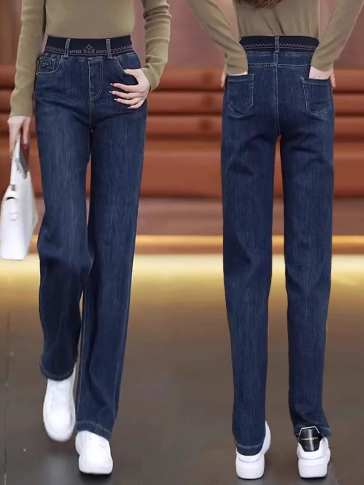 

Deep Blue High Waist Straight Leg Denim Jeans Women's Spring Autumn 2025 New Slimming Slim Fit Wide Leg Pants Casual Sle