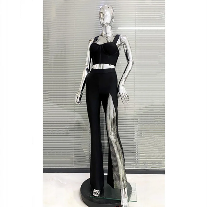 

Cross-Border Fashion Hot Bandage Set Short Vest & Shiny Rhinestone Perspective Mesh Micro Flared High Waist Trousers