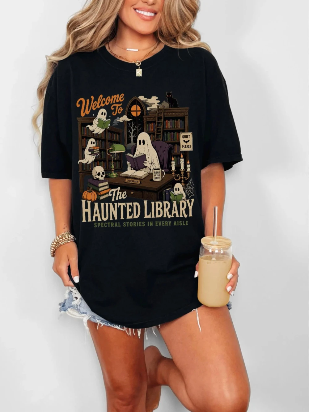 Haunted Library Shirt Bookish Halloween Tee Reader Top Women T‑shirt Unisex All-Season Casual Crew Neck T Shirt
