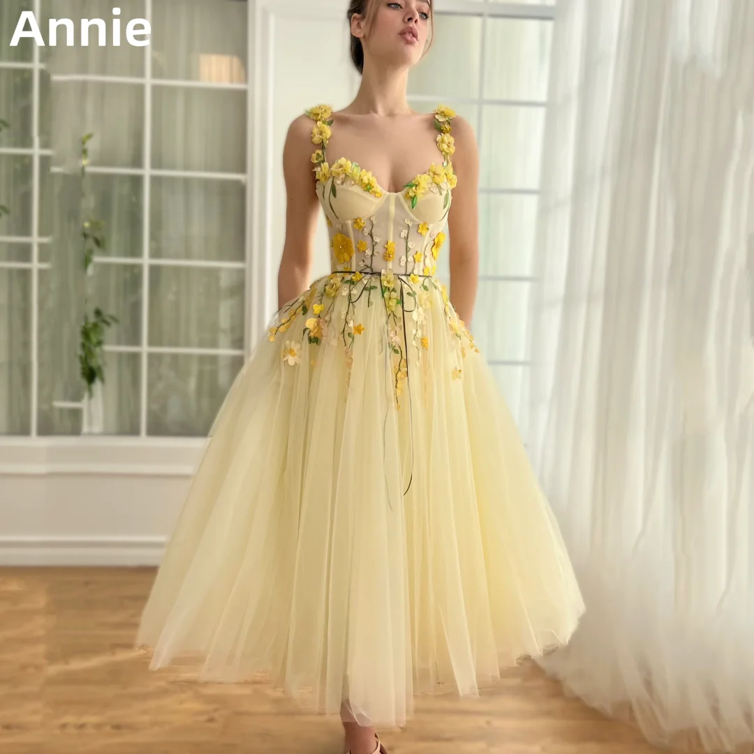 

Annie 3D Embroidery Yellow Prom Dresses Sweetheart Tulle Evening Dresses A-shaped Women's Wedding Party Dress Vestidos De Noche