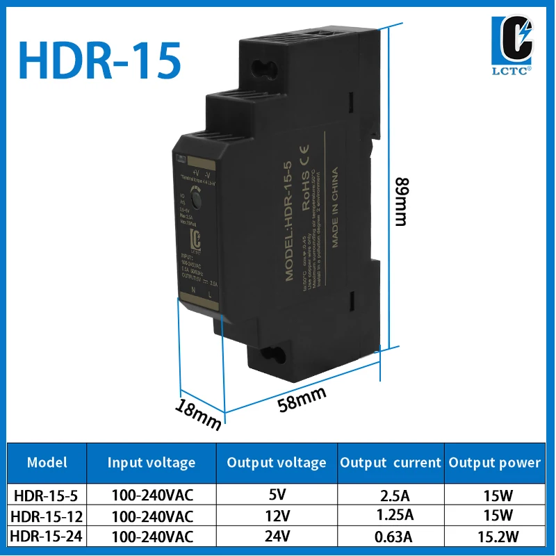 Schaltnetzteil 5 V/12 V/24 V/48 V DIN-Schienen-Netzteil AC zu DC HDR-15/30/60/100/150 W LED-DC-Schaltnetzteil