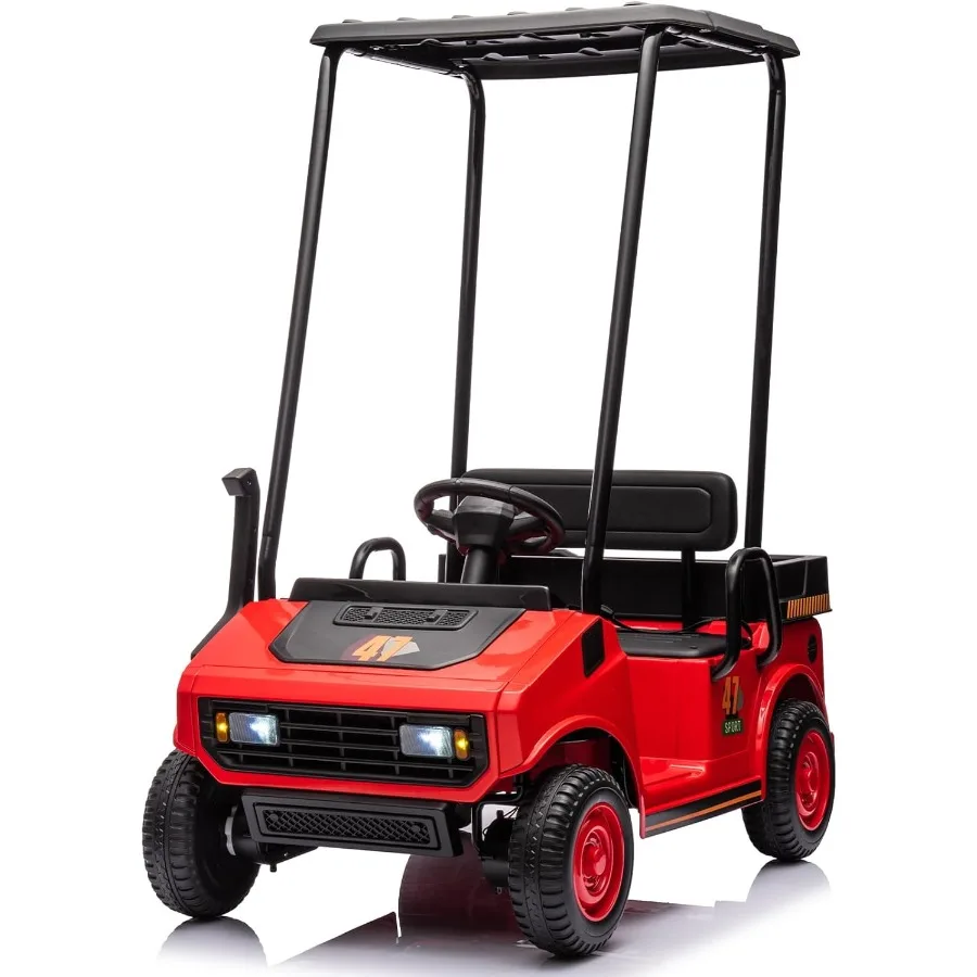 リモコン付きゴルフカート、2人乗り、男の子と女の子向けの乗用玩具、12Vバッテリー駆動の電動車両、プラスチック製の屋根付き
