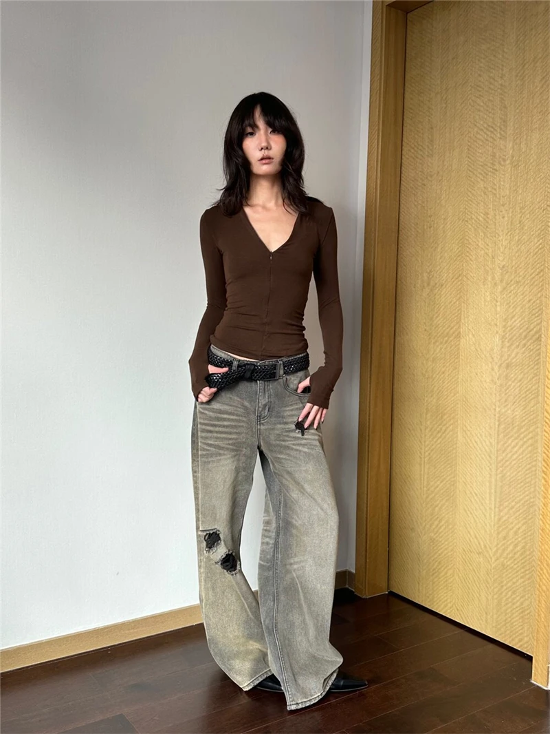 CHEERART  Fall 2026 Zipper Up Brown Long Sleeve Knit Top For Woman V Neck Slim Fit T Shirt Ladies Top Autumn Designer Clothing - view 5
