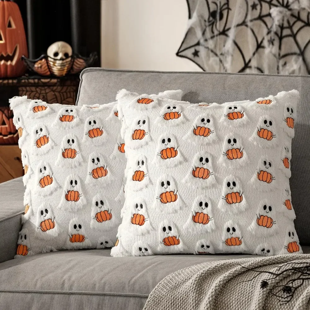 أغطية وسائد من الفرو الصناعي من Ghost Pumpkin مقاس 18 × 18 بوصة لديكور الهالوين الناعم للأريكة والأريكة والسرير وغرفة المعيشة، باللون الأبيض والبرتقالي الساطع