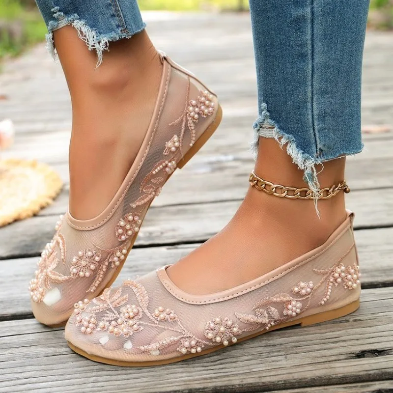 

Pearl Fashion Cutout Mesh Round Toe Flat Women's Mary Jane Single