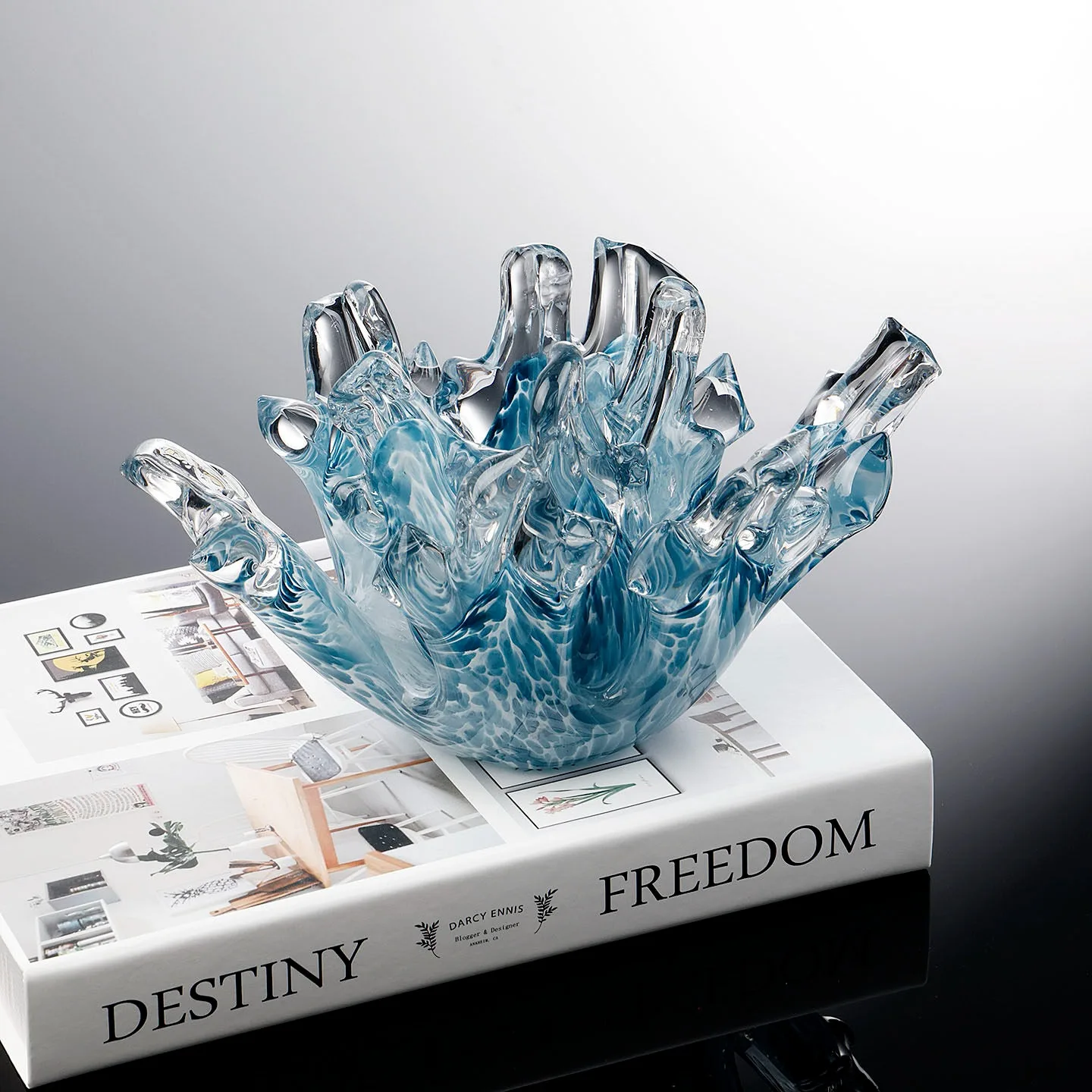 Irregular Ice Blue Art Glass Coral Sculpture, Handmade Enamel Craft, Light Luxury Home Decor Ornament for Living Room Office