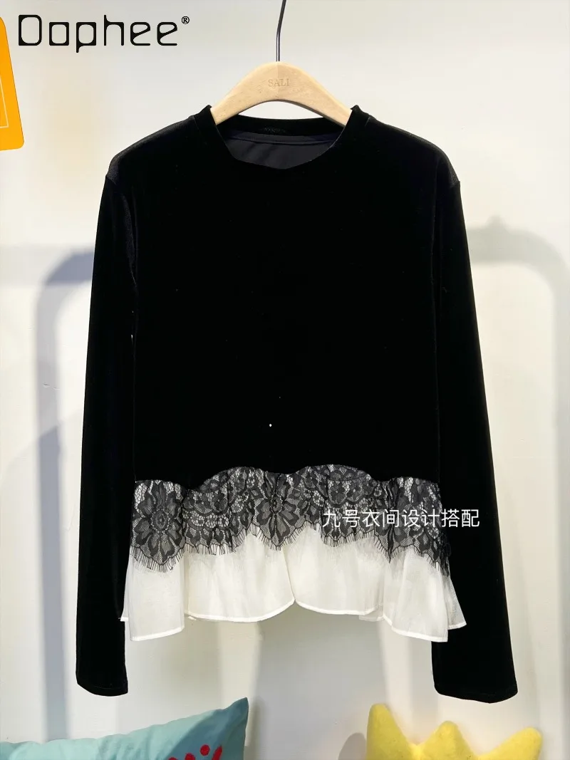 

Vintage Ruffled Long Sleeve Velvet Top for Women 2025 Autumn Korean Chic Fashion Lace Patchwork Round Neck Versatile Inner Shirt