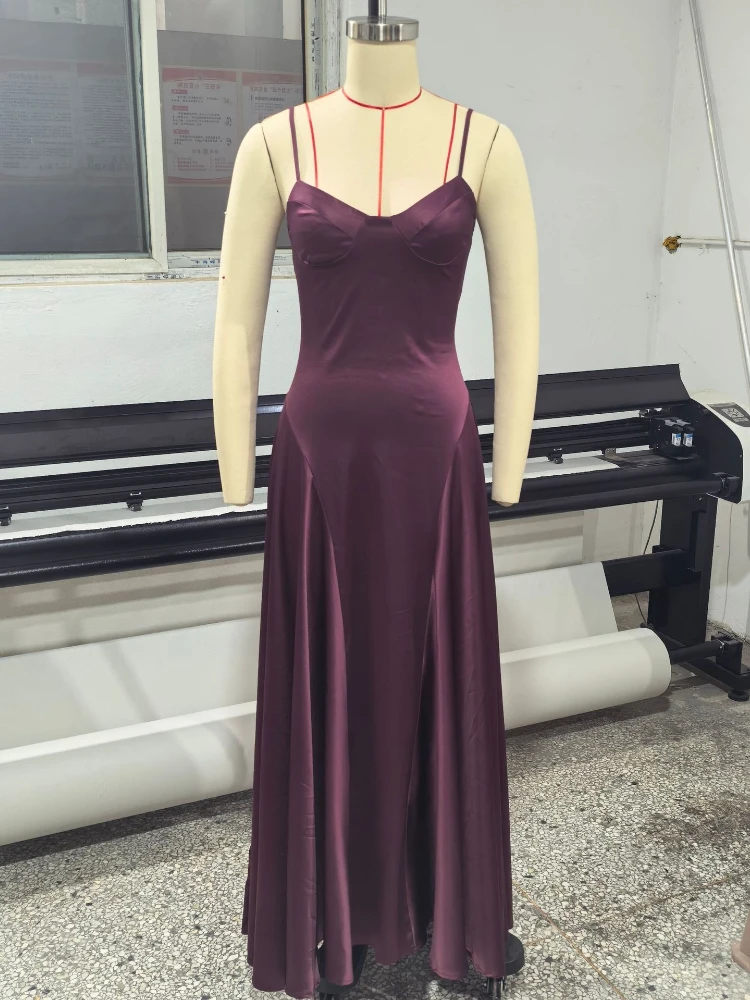Chaxiaoa Satin Spaghetti Strap Sexy Maxi Dress Women Elegant Deep V Neck Sleeveless Backless Pleated Evening Club Party Dresses view 5