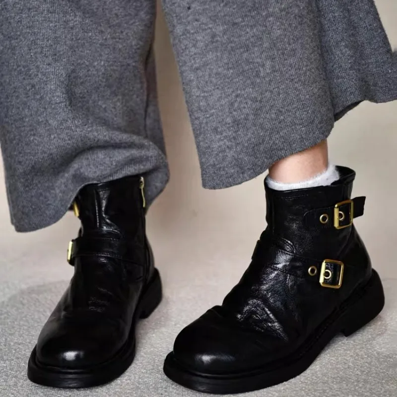 New Genuine Leather Buckled Riding Boots Women Black British Style Side Zipper Casual Outdoor Work Chelsea Boots Male Shoes