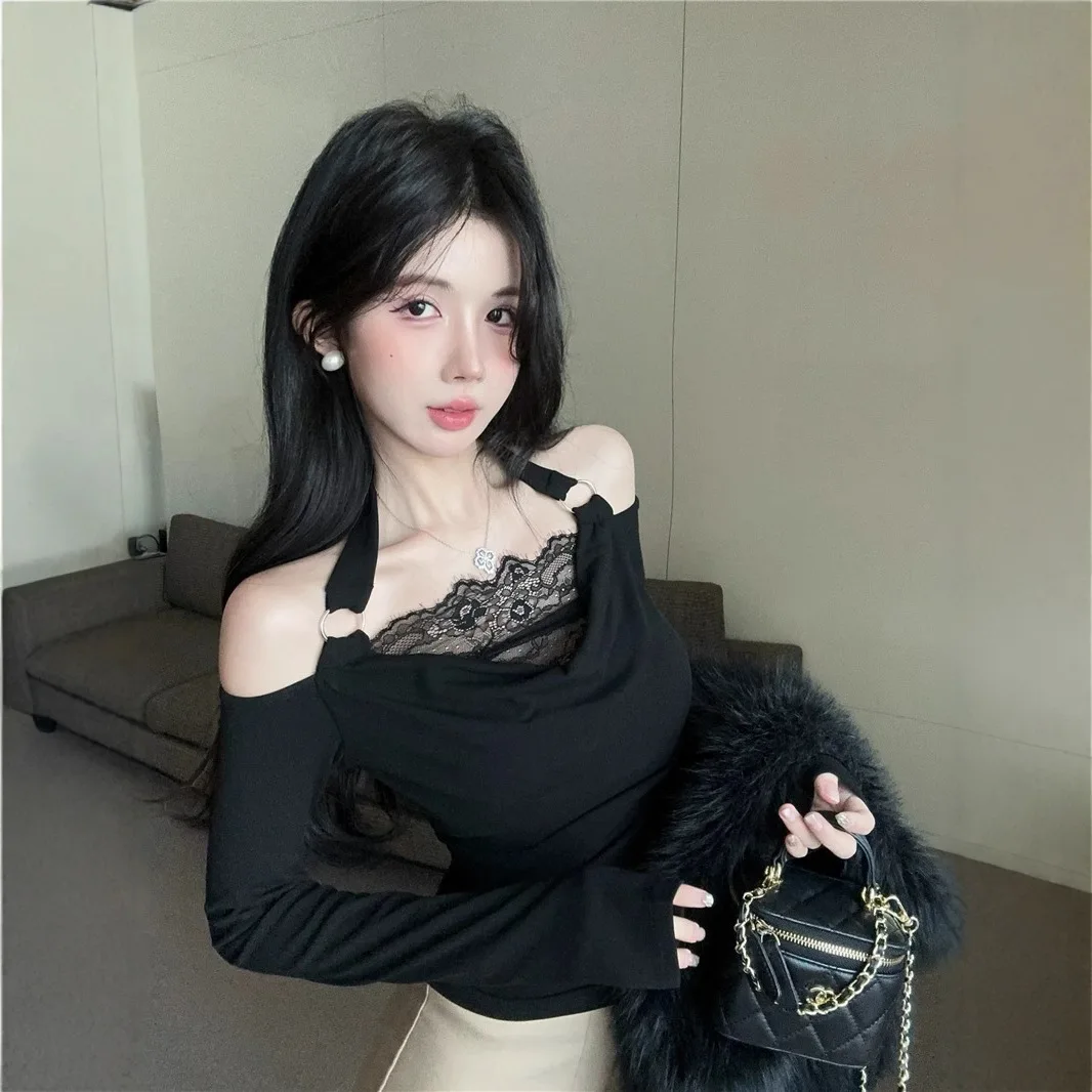 

Высокое качество, хит продаж, оптовая продажа, чистое желание, сексуальный топ с висячим воротником, женская весенне-осенняя футболка с длинными рукавами, кружевная базовая рубашка