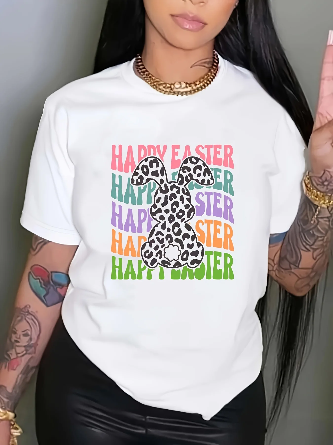 

Easter Rabbit & Letter Print Casual T-Shirt, Round Neck Short Sleeves Fashion Sports Tee, Women's Comfy Tops