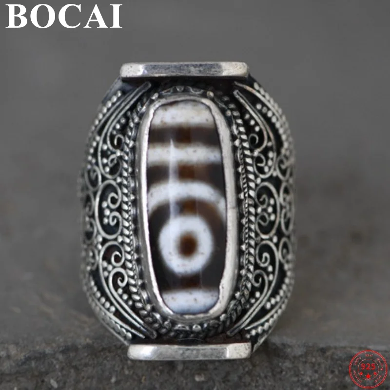 

BOCAI S925 Sterling Silver Ring 2022 New Fashion Retro Totem Rotatable Tibet Dzi-Bead Adjustable Argentum Amulet Jewelry for Men