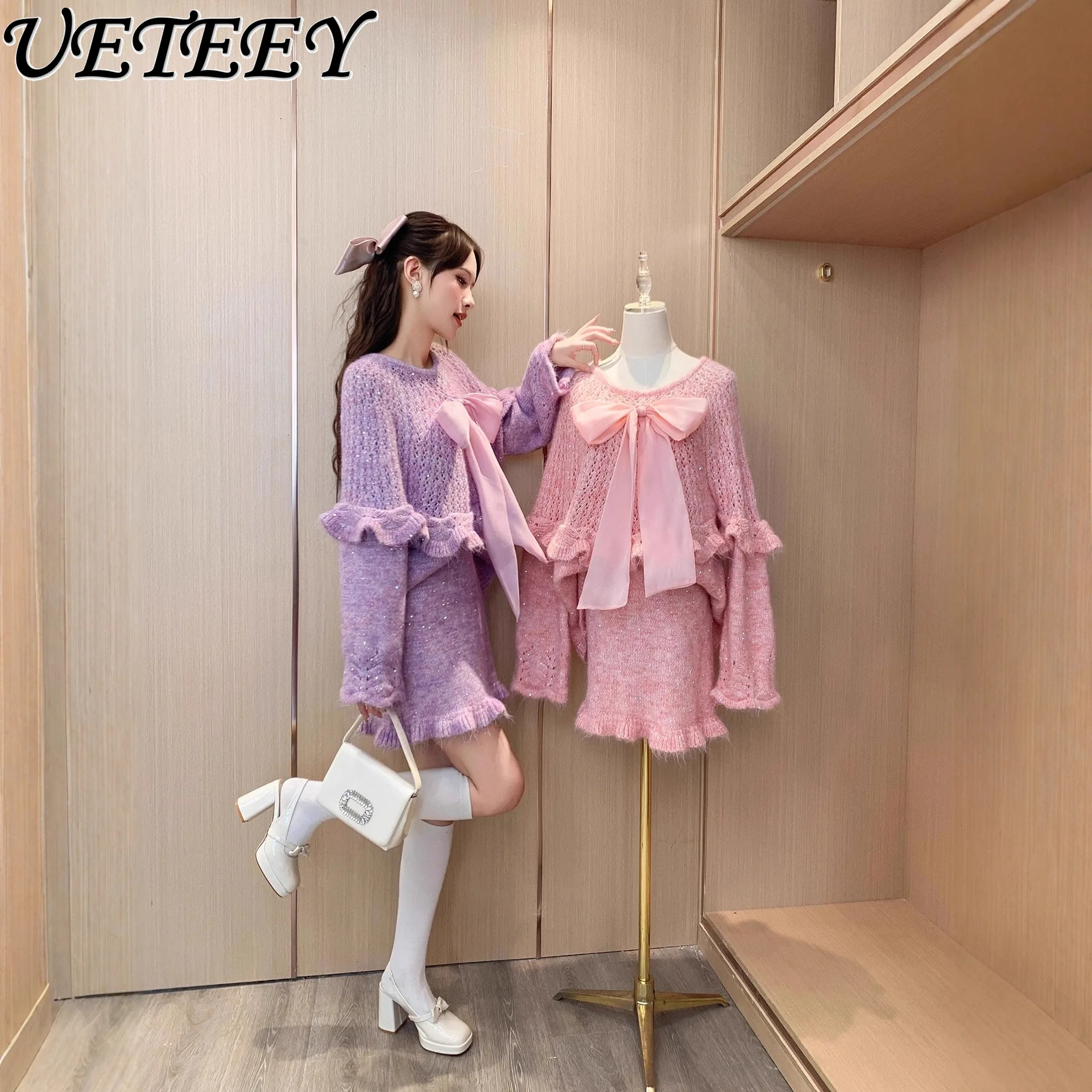 

Осень-зима 2022, новый свободный милый вязаный свитер средней длины с бантом и рюшами, топ и мини-юбка, комплект из 2 предметов для женщин