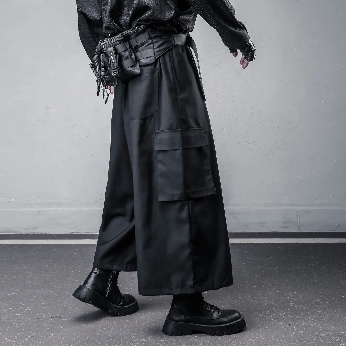 Dark Style Yaosi Workwear Culottes Men's Large Pocket Design Designer Loose Wide Leg Pants Cropped Pants