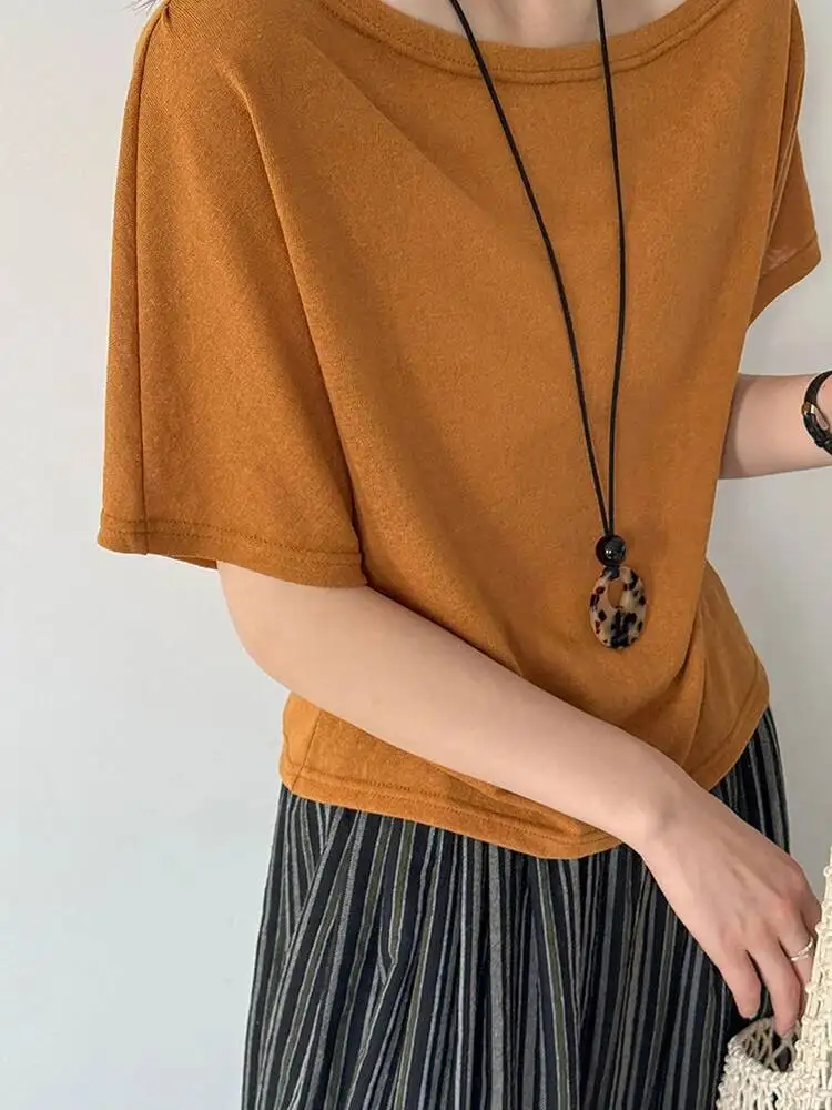 Women Orange Green Thin Big Size Casual T-shirt New Round Neck Short Sleeve Fashion Tide Spring Summer
