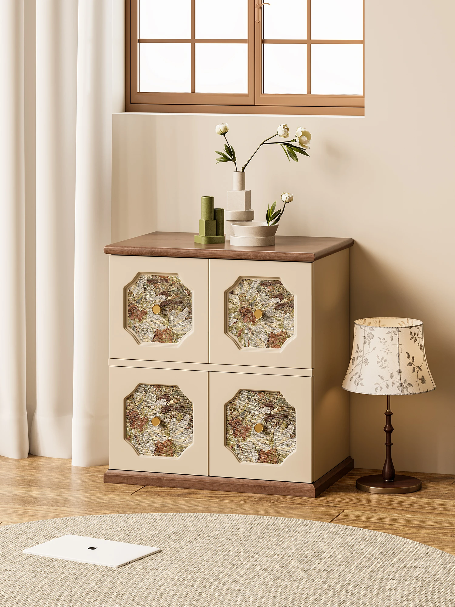 French style retro solid wood bedside table designed by master designer, home bedroom bedside cabinet, storage cabinet