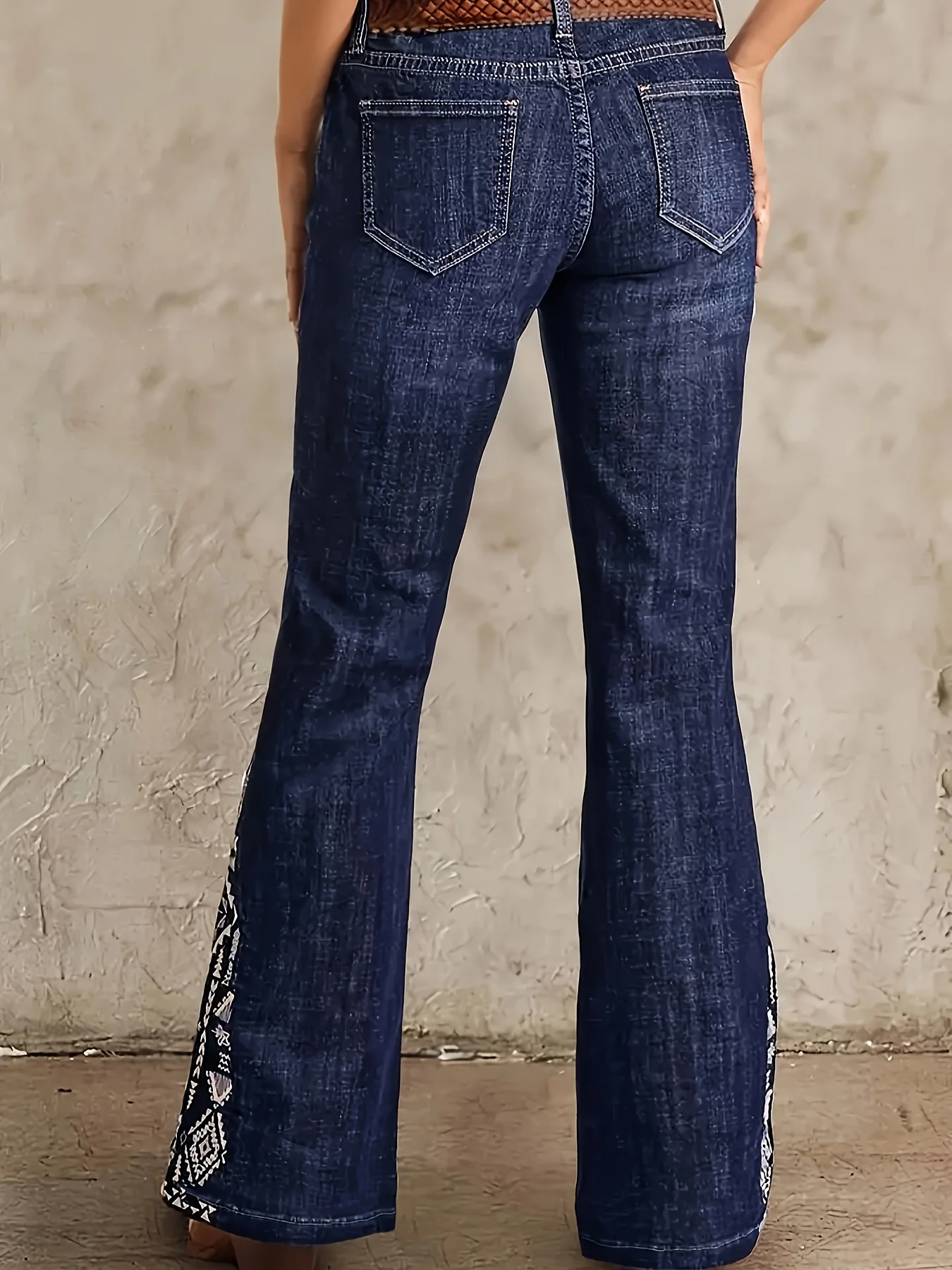 Women’s High Rise Wide Flare Jeans: Medium Wash Stretch Denim with Beaded Embroidery – Vintage Boho Western Cowboy Style
