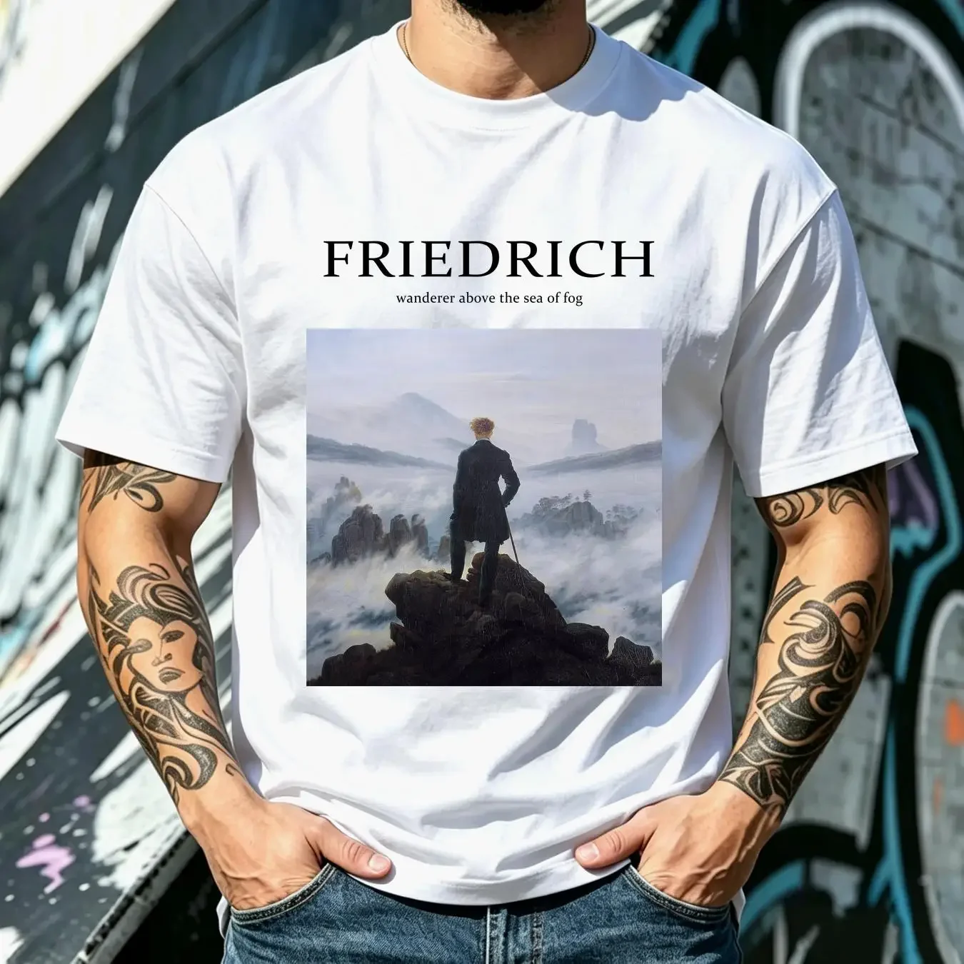 washed T Shirt Wanderer above the Sea of Fog Caspar David Friedrich Premium Quality long sleeves vintage Washed Slightly