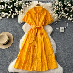 Sexy Chic polo-Neck cut out short sleeve ruffle Single Breasted Dress Elegant Korean Fashion Slim Summer Embroidery dresses