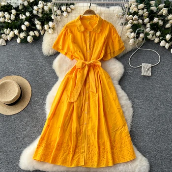 Robe Chic et Sexy, col polo, manches courtes, à volants, simple boutonnage, élégante, mode coréenne, Slim, robes brodées d'été