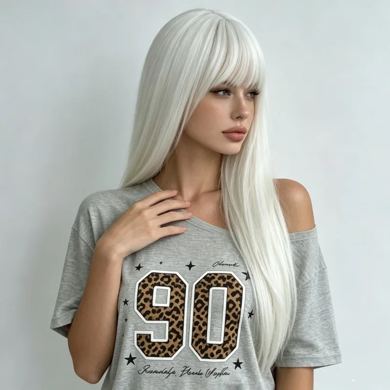 Hot-selling 26-inch White Straight Synthetic Wig - Halloween Cosplay Role-Playing Wig - Daily Wig - High-Temperature Silk Wig Se