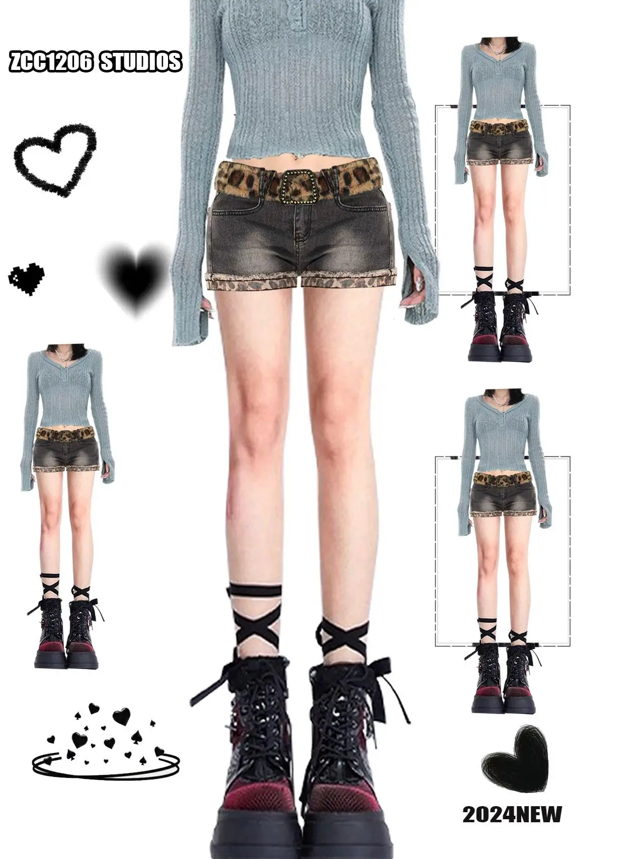 Low Waist Leopard Print Patchwork Denim Super Shorts Women's Summer Spicy Design Sensation Butt Covering A-Line Hot Pants