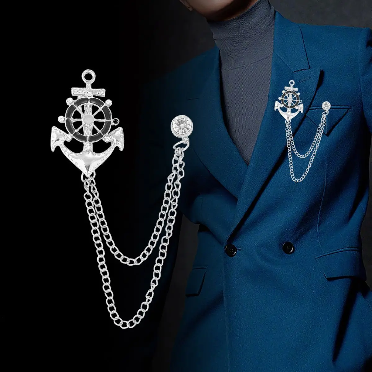 Retro Navy Style Rudder Brooch Badge punk pines metálicos Brooches for clothing Female Corsage Men Accessories Tassel Chain Pin