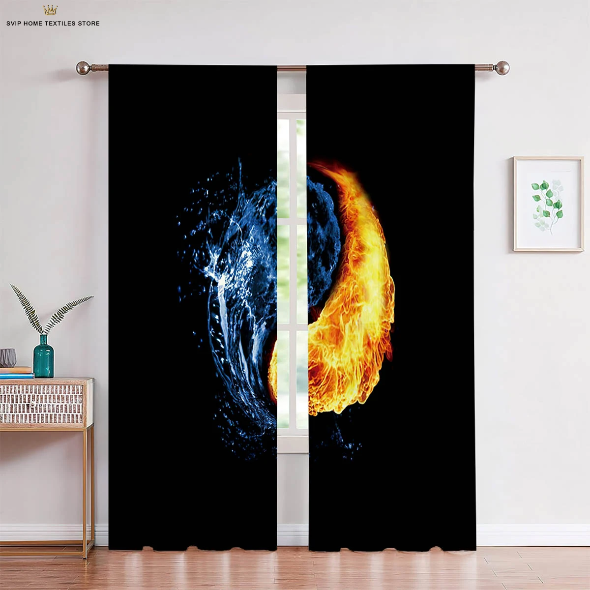 Creative Printed Curtains for Bedroom, 2-Piece Set of Water, Fire, Tai Chi and Two-Pole, Living Room and Kitchen Decorations