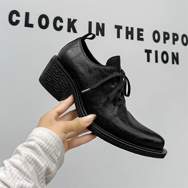 Black Distressed Wizard Shoes for Men and Women, Lace-up Single Shoes, Small Leather Shoes with Pointed Toes,handmade Thick Heel