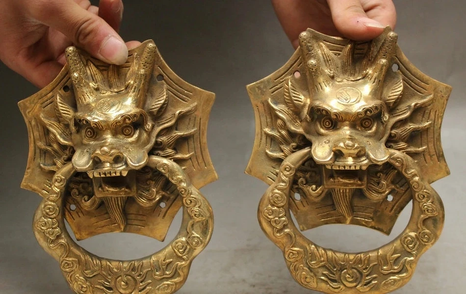 Folk Chinese Vintage Brass Carved Dragon Kylin Qi Lin Head Statue Knocker Pair