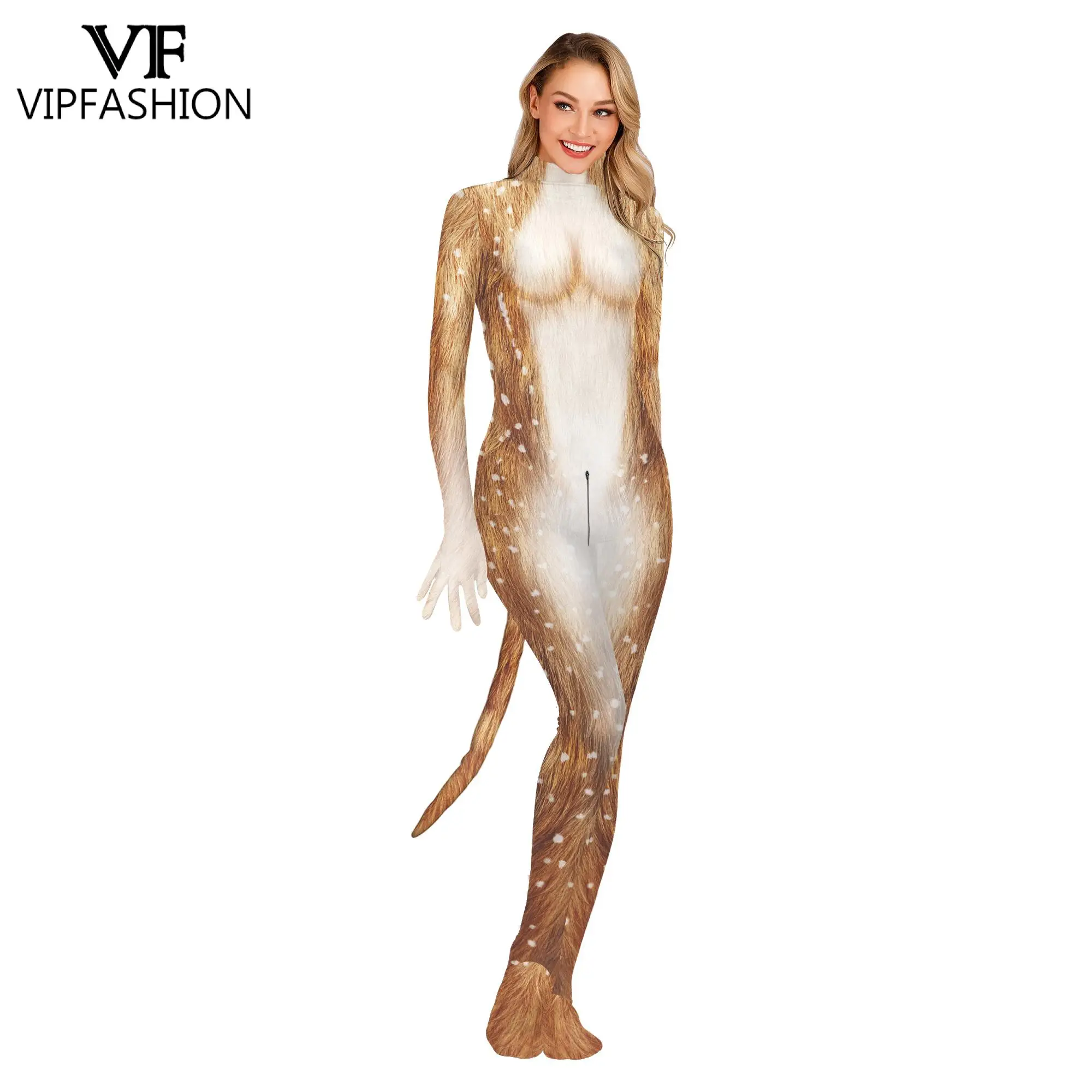 VIP FASHION Men Women Animal Cosplay Costume Crotch Zipper Zentai Bodysuits Unisex Disguisement Couple Jumpsuits with Dog Tail