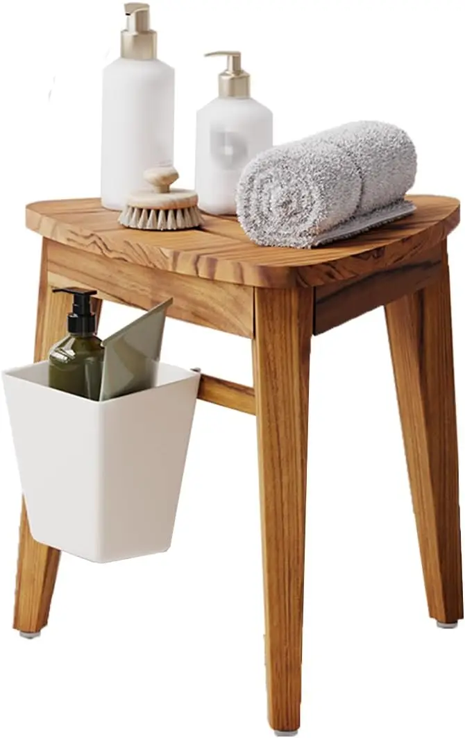 

Teak Shower Bench, Waterproof Bathroom Teak Corner Shower Bench, Sturdy Non-Slip Bath Shower Foot Stool for Shaving Legs with