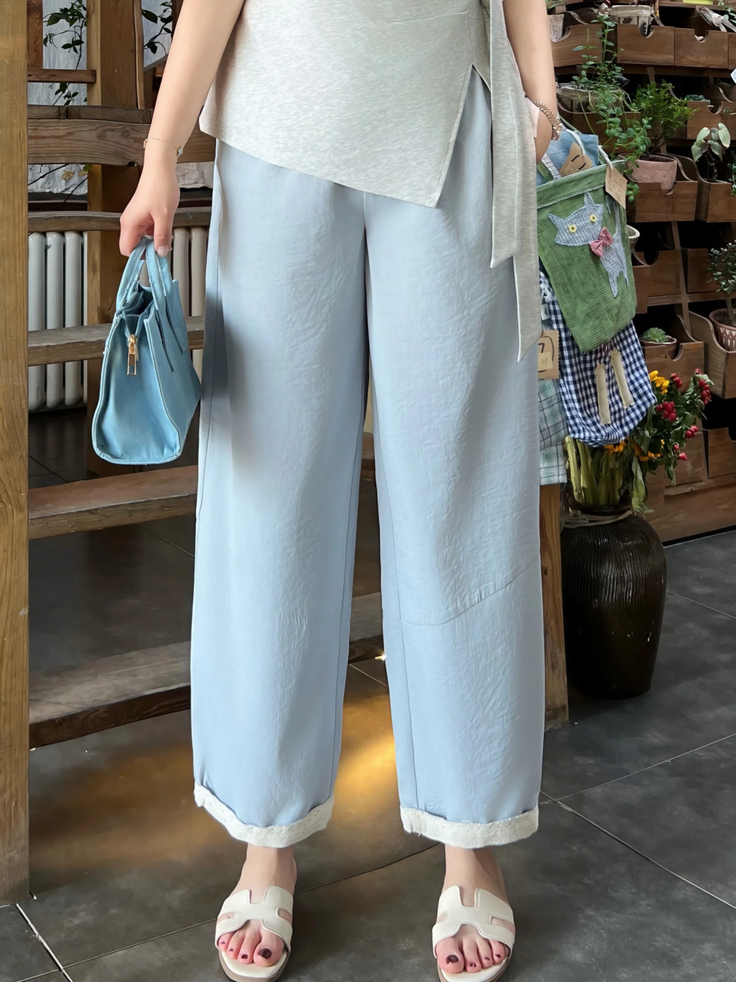

High Waist Wide Leg Pants Lace Splice Nine Points Casual Straight Leg Trousers for plus Size Women Summer Comfortable Pants
