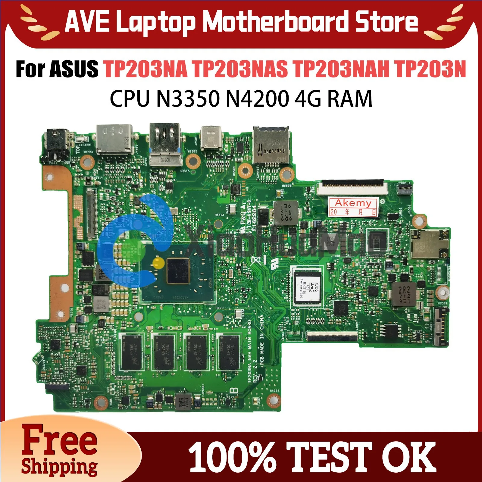 Computer Mainboard For ASUS TP203N TP203NAS TP203NAH  Laptop Motherboard With N3350 N4200 CPU 4G-RAM 0G 64G SSD Systemboard