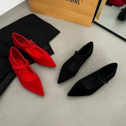 New Spring Women's Mary Jane Shoes Retro Flat Pointed Suede Ballet Shoes One-Buckle Low-Heel French Silk Women's Wedding Shoes