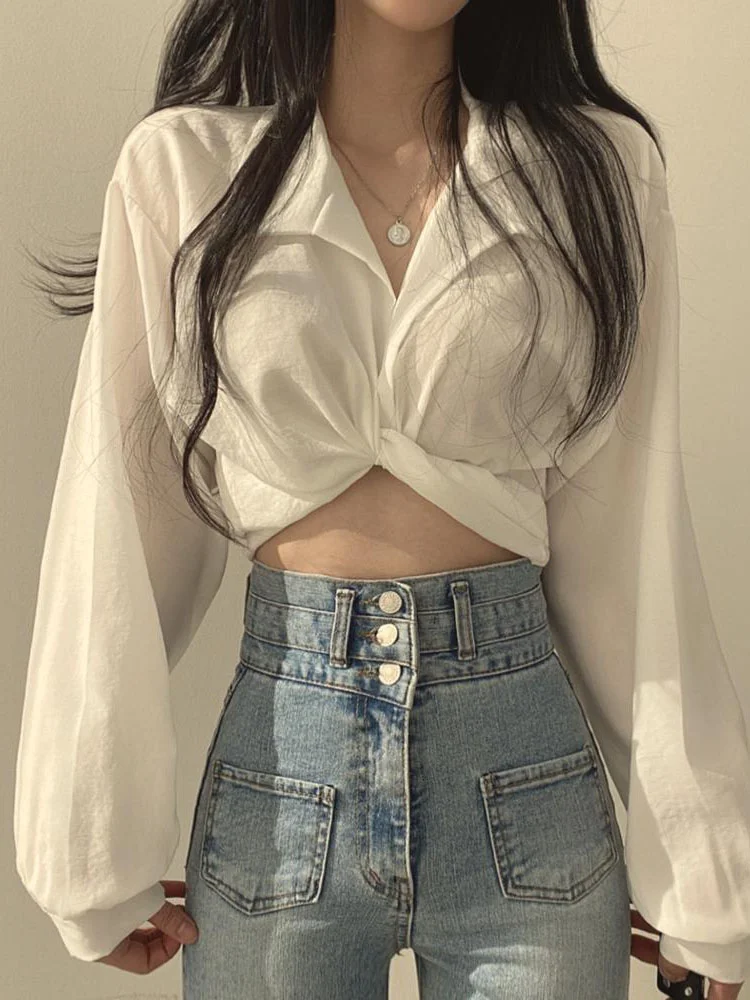 Women Sexy Slim Thin Blouse Korean Chic Casual Crop Shirt Tops Female Summer Back Lace-up Bow Design Long Sleeve Short Shirt