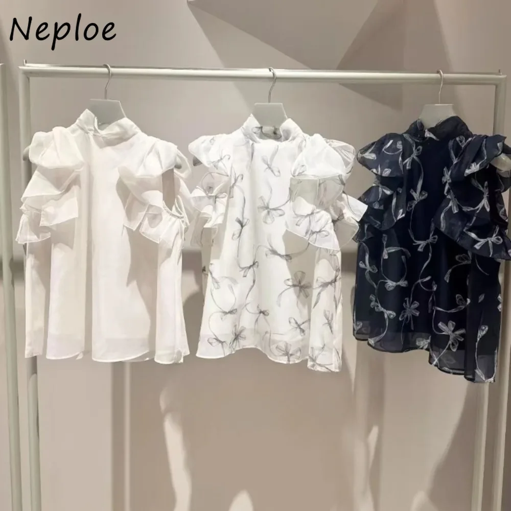 

Neploe Pullover Temperament Print Ruffles Shirt Preppy Style Fresh All-match Casual Blouses Japan Bow Lace Up Sweet Simple Top