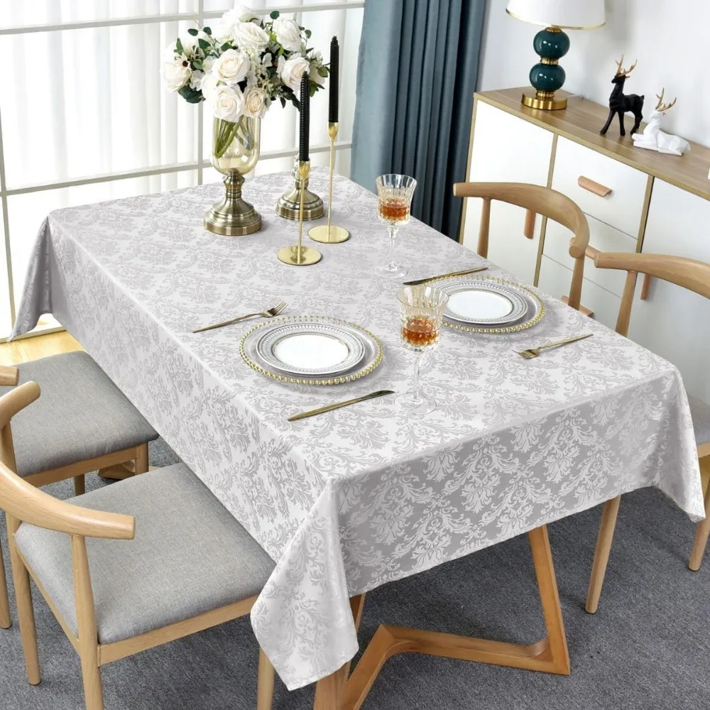 Rectangle Tablecloth 52x70 Inch Gray Damask Jacquard Oblong Waterproof Spill Proof